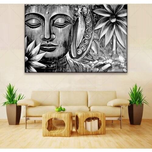 Gray Buddha Statue Canvas Paintings Religious Buddhist Artworks Buddha Face Poster Home Decor for Living Room Bedroom Decoration