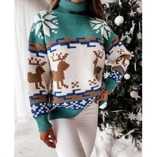 Christmas Elk Print Knit Turtleneck Women Pullover 2021 Winter Loose Warm Sweater Fashion Casual Lady Long Sleeve Sweaters