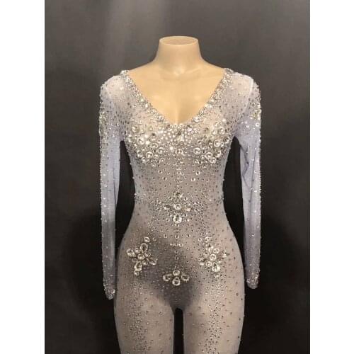 See Though Crystals Stones Jumpsuit Sexy Evening Party Wear Bright Rhinestones Bodysuit Costume Prom Birthday Celebrate Outfit