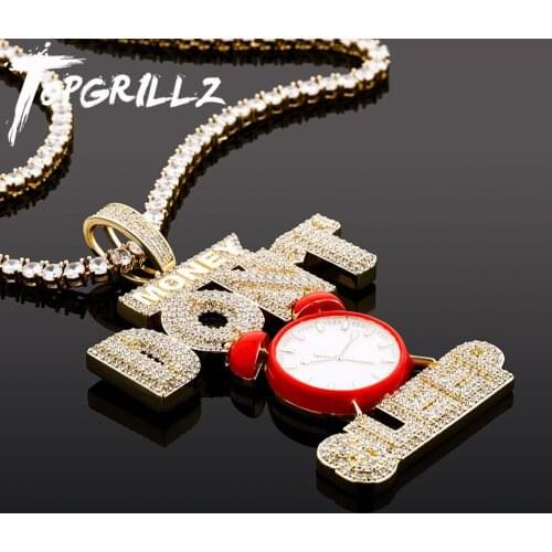 TOPGRILLZ Alarm Clock Pendant Necklace With Letter "MONEY"'DON'T SLEEP'' Full Iced Out Cubic Zirconia Luxury Fashion Jewelry