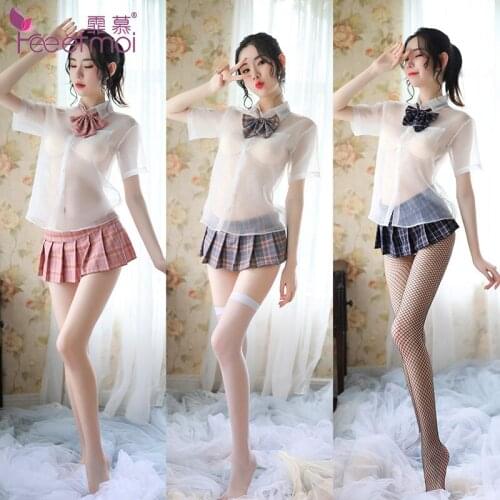 Women Sexy Cosplay School Student Uniform Costume Sex Lingerie Roleplay Erotic Mini Pleated Skirt Transparent Shirt Underwear