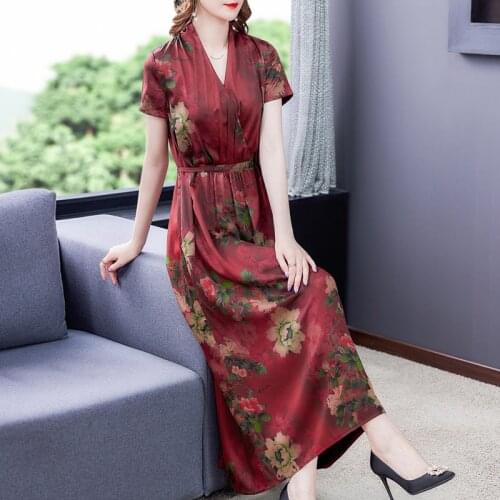 Summer High Quality Floral Mulberry Silk Satin Maxi Dress 2021 Vintage 3XL Plus Size Midi Dress Women Elegant Bodycon Vestidos