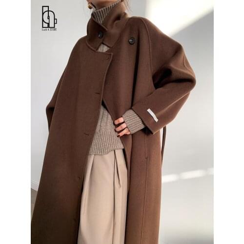 2021 Long Sleeve Casual Vintage Belt 2021 New Fashion Long Autumn Faux Wool Blend Woolen Coat Winter Warm Women Warm Wool Coat