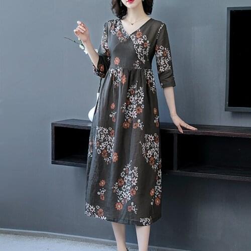 2021 Spring Autumn Vintage Floral Cotton Linen Midi Dresses Korea Elegant 3XL Plus Size Print Women Dress Bodycon Party Vestidos