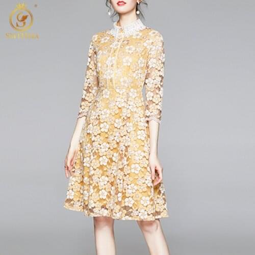 SMTHMA Vintage Elegant Flower Lace Hollow Out Knee Length Party Dresses Womens Casual Half Sleeve Yellow Dress Vestidos