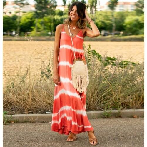 Vintage Boho Beach Style Womens Loose Tie-Dye Print Ethnic Boho Cotton Linen V-Neck Sling Dress Long Sleeveless Ankle Length