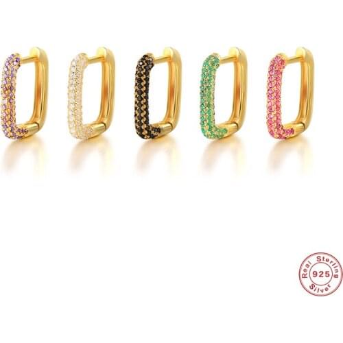 GS 925 Sterling Silver Colorful Diamond Gold Hoop Earrings For Women Cubic Zirconia Jeweled Geometric Rectangle Earring 1Piece