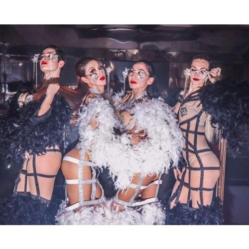 Hollow nightclub bar performance costume Stage show black white feather dress model catwalk cosplay party wear