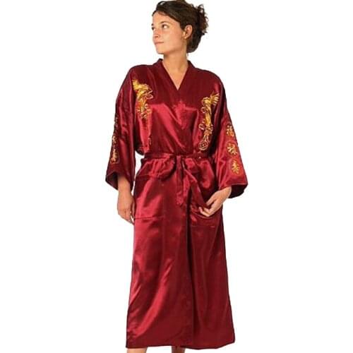 Burgundy Silk Embroidery Dragon Kimono Bathrobe Gown Women Sexy Satin Robe Long Nightgown Size S M L XL XXL XXXL BR040