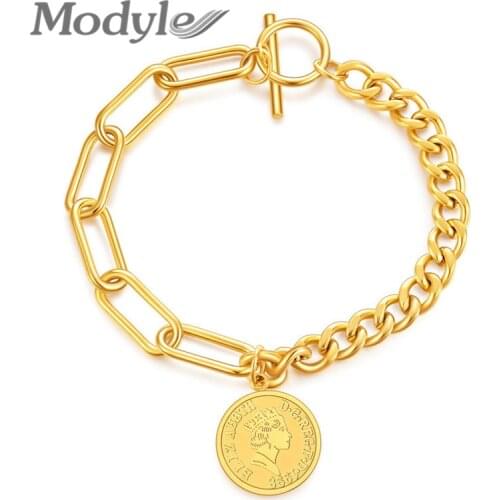 Modyle 2021 Retro Avatar Round Charm Bracelets Elizabeth Coin Jewelry Stainless Steel Rose Gold Womens Chain & Link Bracelet