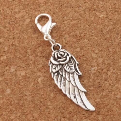 Clip-on "Angel Wing Rose Flower" Lobster Claw Clasp Charm Beads Jewelry DIY C1625 20pcs 44.6x10.9mm Zinc Alloy
