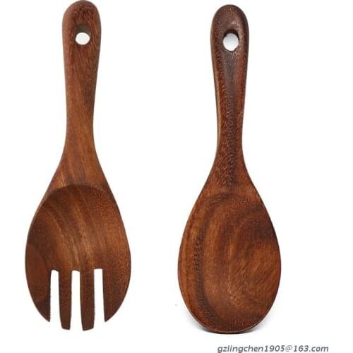 P8DE Acacia Wooden Salad Servers Rice Spoon Fork Dinner Salad Mixing Cooking Utensils