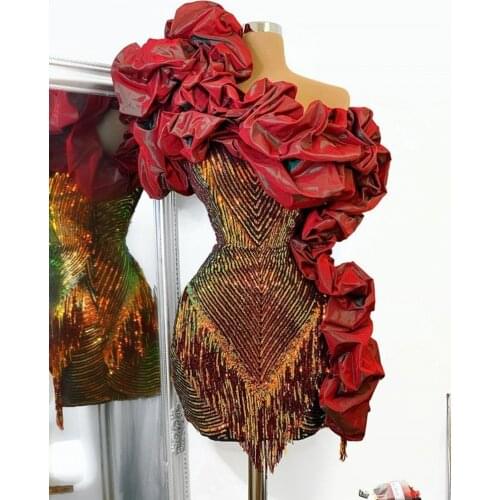 Aso Ebi Red Prom Dresses Cocktail Dress Ruffled Satin Sequined Mermaid Short Formal Party Gowns