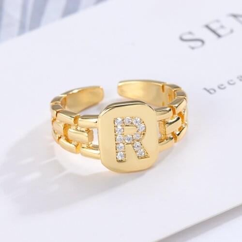 Personality Hiphop Watchband Square Ring AAA Zircon A-Z Letter Open Adjustable Gold Initial Ring Letter Rings Fashion Jewelry