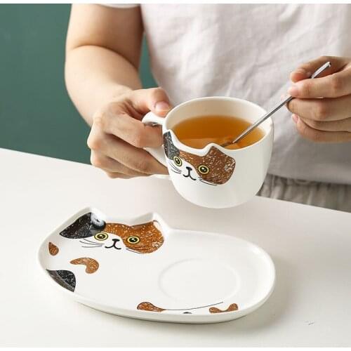 Ceramic Cute Cartoon Cat Coffee Mug Set Animal Breakfast Milk Tea Cup With Dessert Tray Creative Office Drinkware Novelty Gifts