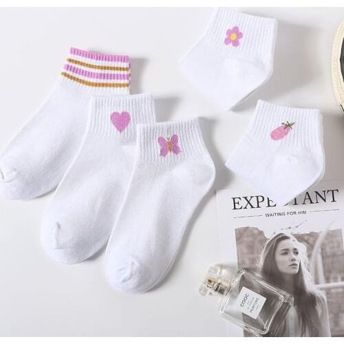 5 pairs Cute White Cartoon Pink Hearts Butterfly Flower Girls Short Socks Lovely Cotton Women Ankle Invisible Student Sox Cheap