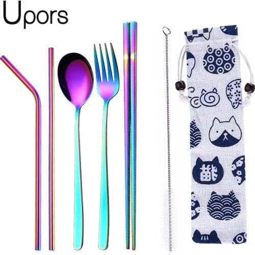 UPORS 7Pcs/Set Portable Dinnerware Set Reusable Cutlery for Travel Stainless Steel Cutlery Fork Spoon Knife Set with Cloth Pack