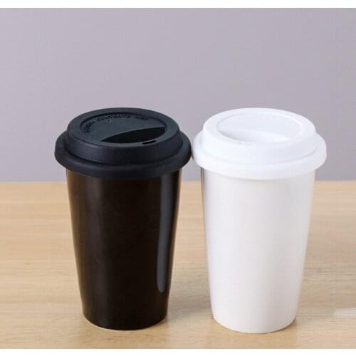 Simple Double-layer Insulated Pure White Ceramic Mug with Lid Handy Coffee Cup Office Water Cup