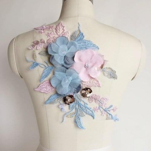 SASKIA 2Pcs 3D Floral Embroidery Applique Rhinestone Beaded Pearl Tulle DIY Dress Sew Clothing Mesh Fabrics Sequin Applique Lace