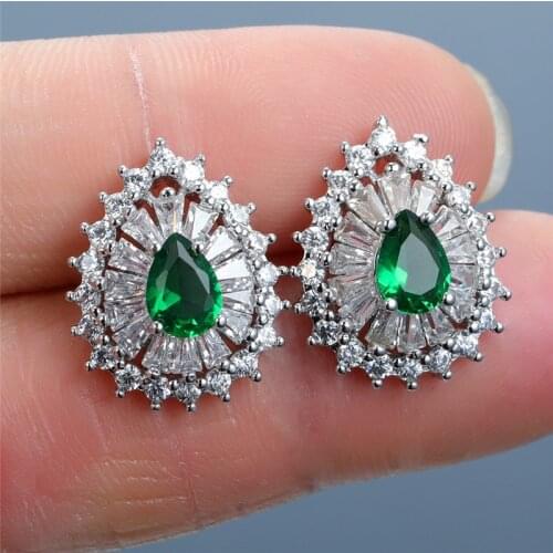 Luxury Female Green Crystal Stone Earrings Trendy Silver Color Stud Earrings Vintage Bridal Geometric Wedding Earrings For Women