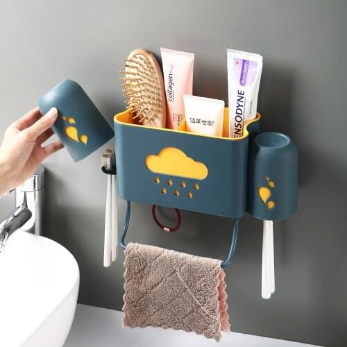 OTHERHOUSE Bathroom Storage Rack Toothbrush Holder Bath Rack with Hooks Toothpaste Holder Shower Caddy Bathroom Organizer