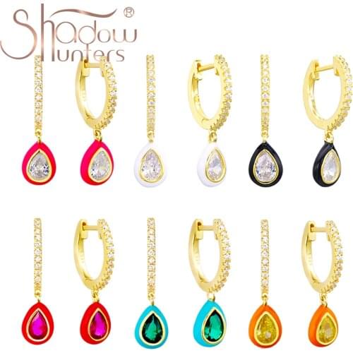 SHADOWHUNTERS 925 Sterling Silver Water Drop Earrings Gold Color Piercing Enamel Gem Huggies Pink Yellow Green White For Female