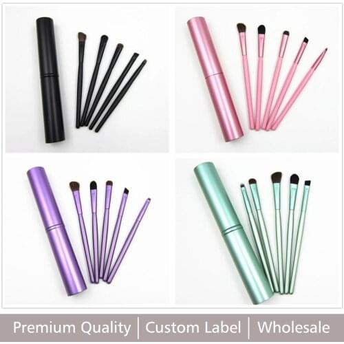 Makeup 5 Pcs Travel Mini Brushes Set Eye Eyeshadow Eyebrow Eyeliner Blush Brushes Cosmetic Kit with Round Box Custom label