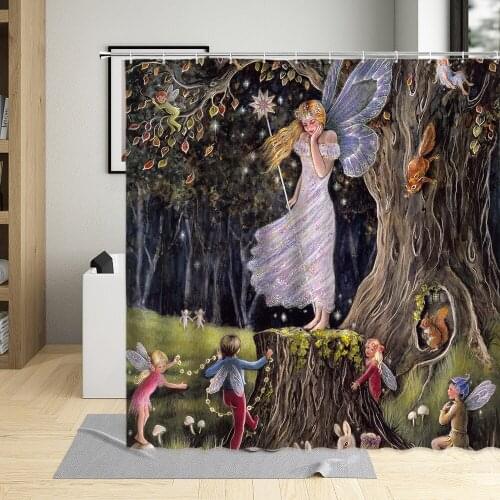 Retro Elf Forest Fairy Tale World Oil Painting Style Shower Curtain Set Polyester Fabric Waterproof Bath Curtains With 12 Hooks