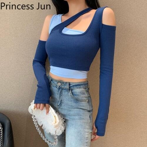 Fashion Women Irregular Long-sleeved T-shirt Summer 2 Piece Color Mix Patchwork Crop Top Tee Sexy Cold Shoulder Chic Slim Shirt