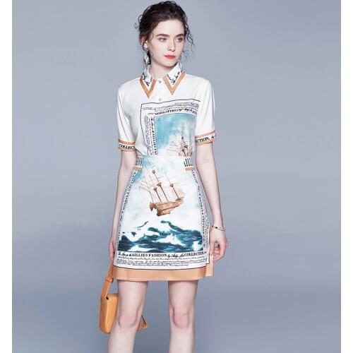 Runway Women Two Pieces Sets Short Sleeve Shirt Tops And Skirts Outfits Female 2020 Summer Letter Pattern Print Suit Sets