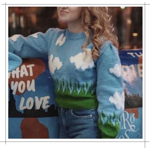 Womens Pullover Cloud Print Knitted Sweater Long Sleeve Winter New Style Ladies Casual Fashion Ladies