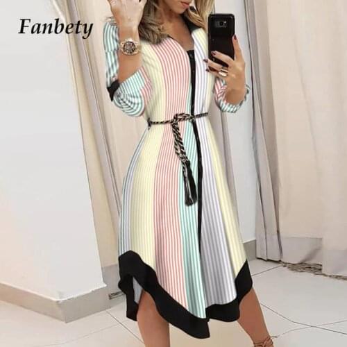 Fashion Casual Turn-Down Collar Long Dress Women Spring Summer Long Sleeve Party Dress Vintage Striped Print Tie-Up Shirt Dress