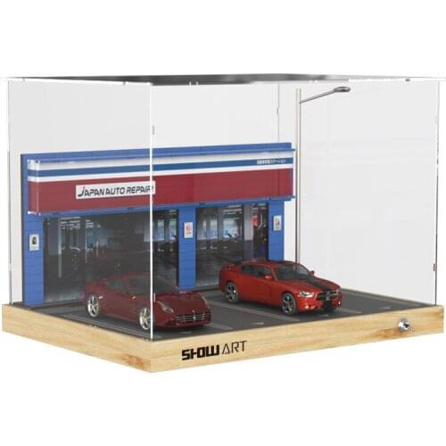 1:32 Car Model Display Box Two Parking Spaces Wooden Underground Garage Acrylic Dust Cover With Lighting Cabinet Ornament