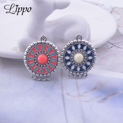 12pcs Antique Silver Color Round Enamel Connector Blue and Red Earrings Pendant Base Connector DIY Jewelry Connector