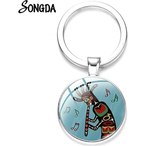 African Kokopelli Dance Keychain Bag Pendant Key Ring Retro Art Print Glass Cabochon Pendant Key Chain Car Accessories Ornament