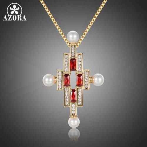 AZORA Red Cubic Zirconia Cross Pearl Pendant Necklace for Women Gold Short Necklace with Pendant Luxury Statement Jewelry TN0277