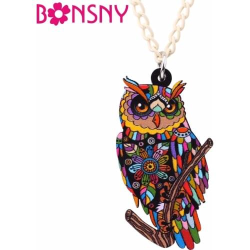 Bonsny Statement Maxi Owl Necklace Pendant Acrylic Pattern New Fashion Animal Jewelry For Women Charm Collar Choker Bijoux Gifts