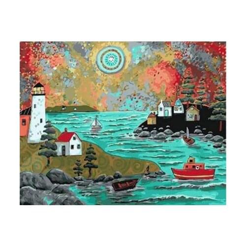Seaside village Digital Diy oil painting by numbers wall decor on canvas oil paint coloring by number drawing