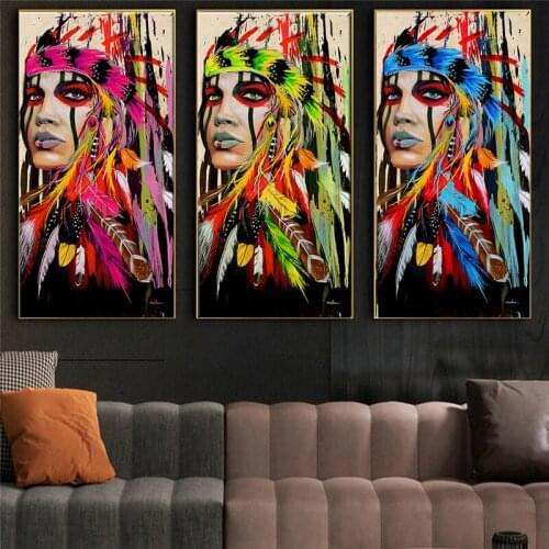 Colorful Tatoo Women Graffiti Street Wall Art Abstract Modern African Feather Girl Portrait Canvas Oil Painting For Living room