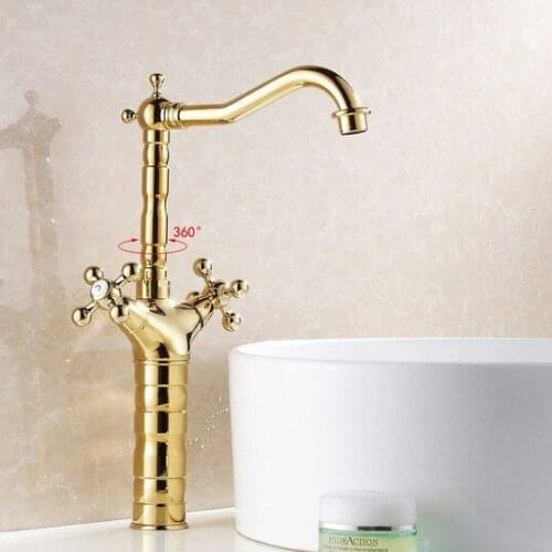Gold Color Brass Dual Handles deck Mount 360 Swivel Spout Kitchen Sink Mixer tap Bathroom Basin Mixer tap Wsf094