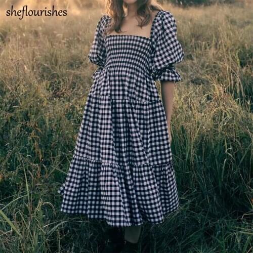 Summer midi dress 2021 vintage plaid dresses square neck party dress women puff sleeve loose dresses black lace up dress korean