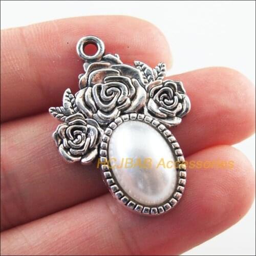 Fashion 8Pcs Tibetan Silver Tone Retro Rose Oval White Acrylic Charms Pendants 23x32mm