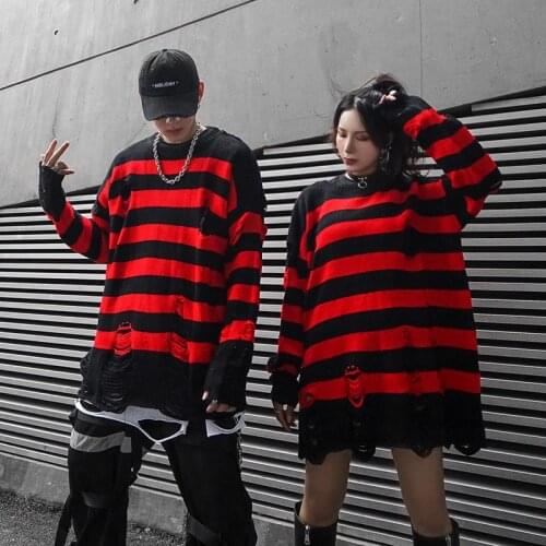 Men black red striped punk sweater with holes hip hop oversized knitwear women couple harajuku vintage pullover jersey hombre