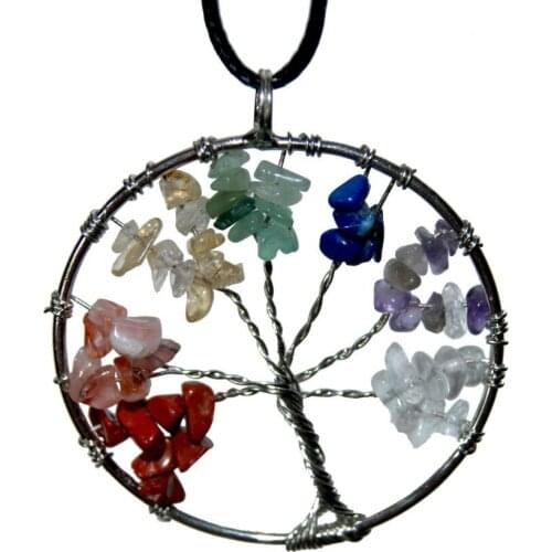 Wholesale Fashion Charm Female Rainbow Chakra Quartz Chips Tree Of Life Necklace Multicolor Wisdom Tree Natural Stone Necklace