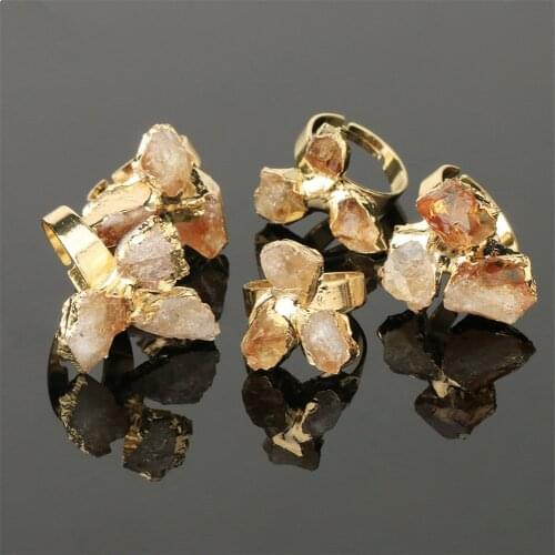 Wholesale 6pcs/Lot Natural Stone Gold Color Ring Irregular Yellow Crystal Quartz Rings for Women Free Size Handmade Wedding Ring