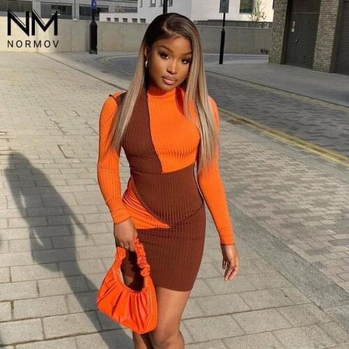NORMOV Patchwork Dress Women Splicing Colour Knitting Slim Dresses Spring and Autumn Long Sleeve Casual Short Dresses Women