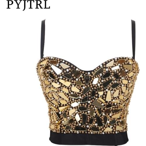 PYJTRL Women Gold Silver Red HandMade Beads Glass Sequins Camisole Night Club Party Clothing Stage Dance Breast-wrapped Top