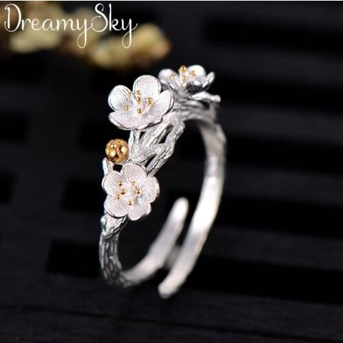 Romantic Style New Luxury Silver Color Plum Flower Rings For Women Wedding Retro Adjustable Size Ring Party Gifts