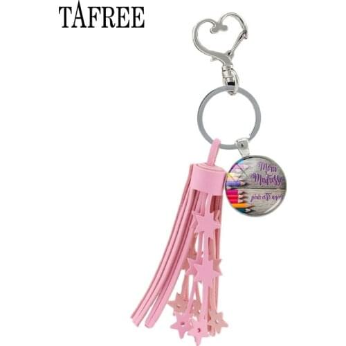 TAFREE Merci Maitresse Art Letters Glass Cabochon Pink Star Tassel Key Chain Dome Jewelrys For Teachers' Day Best Gifts NT49