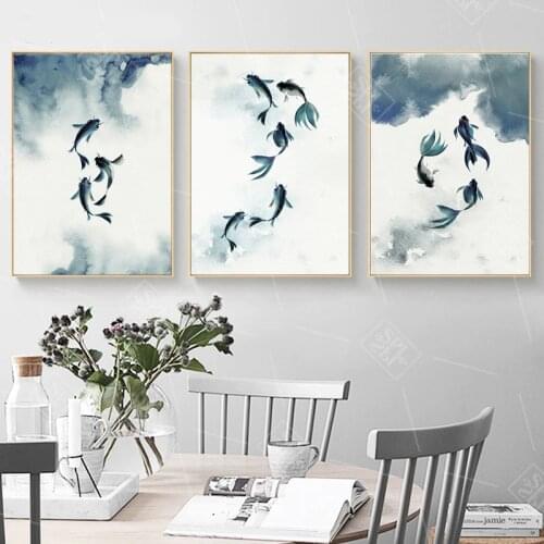 Vintage Bedroom Decoration Posters Abstract Black and White Ink Koi Fish Canvas Painting Hd Print Wall Artwork Picture No Framed